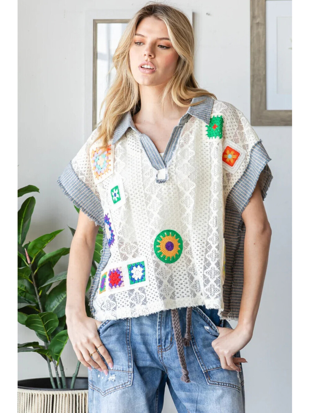 Oli & Hali Mix Match Crochet Patched Lace Granny Square Top Size Large #420